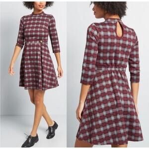 ModCloth Proudest Moments Burgundy Plaid Knit Retro Preppy A-Line Dress 1X